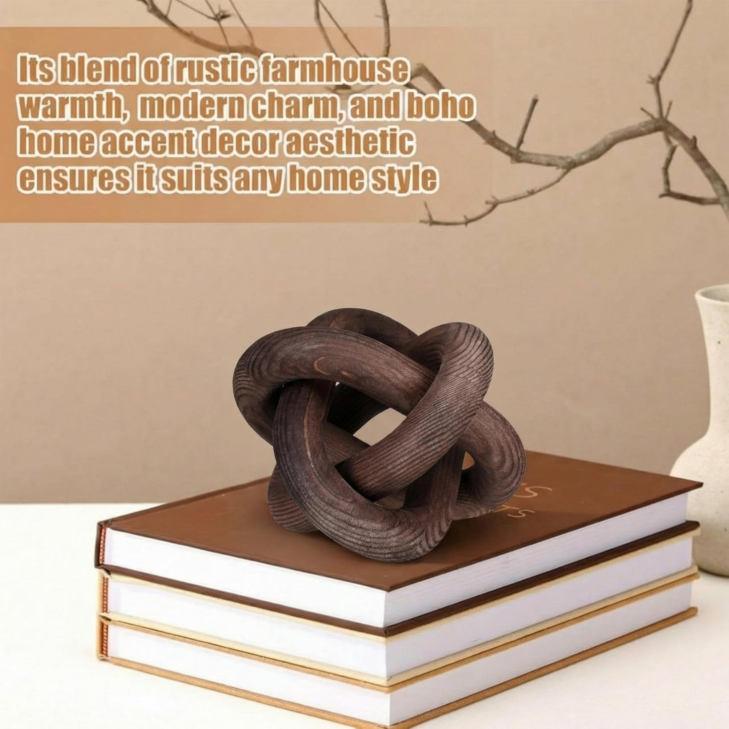 Yalikop 3 Link Wood Knot Decor Rustic Home Décor Accents Hand Carved Coffee Table Decoration, Boho Chain Link Decoration, Modern Shelf, Rustic Objects for Home Living Room Bedroom(Black Walnut)