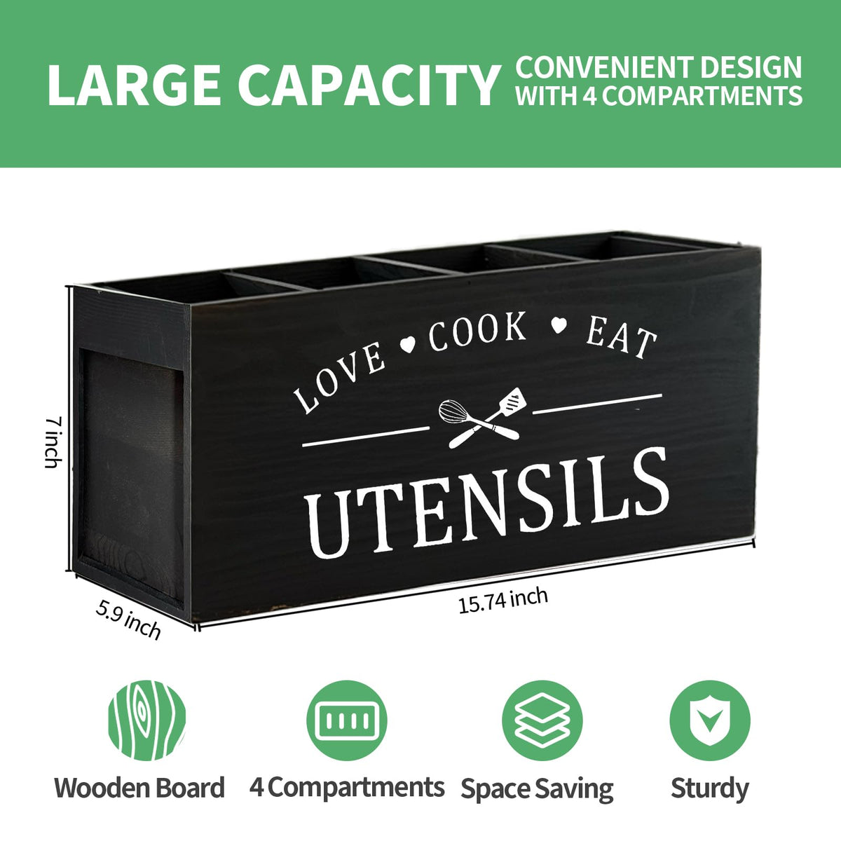 Extra Large Kitchen Utensils Holder with 4 Compartments, Wooden Storage Utensil Holder Organizer for Counter or Countertop, Farmhouse Decor, Rustic Cooking Utensil Kitchen Tool
