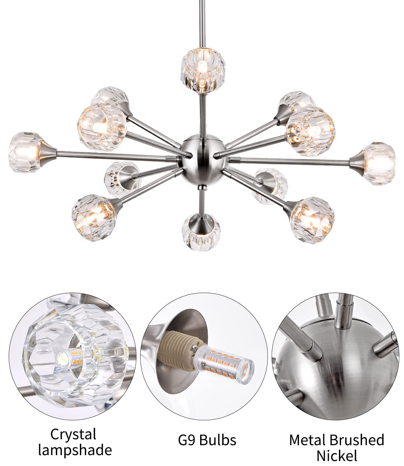 MKONOL Modern Sputnik Crystal Chandelier, 12-Light Brushed Nickel Firework Chandelier, Mid Century Dandelion Pendant Light Fixture for Dining Room, Living Room, Bedroom, G9 Base (Bulbs Not Included)