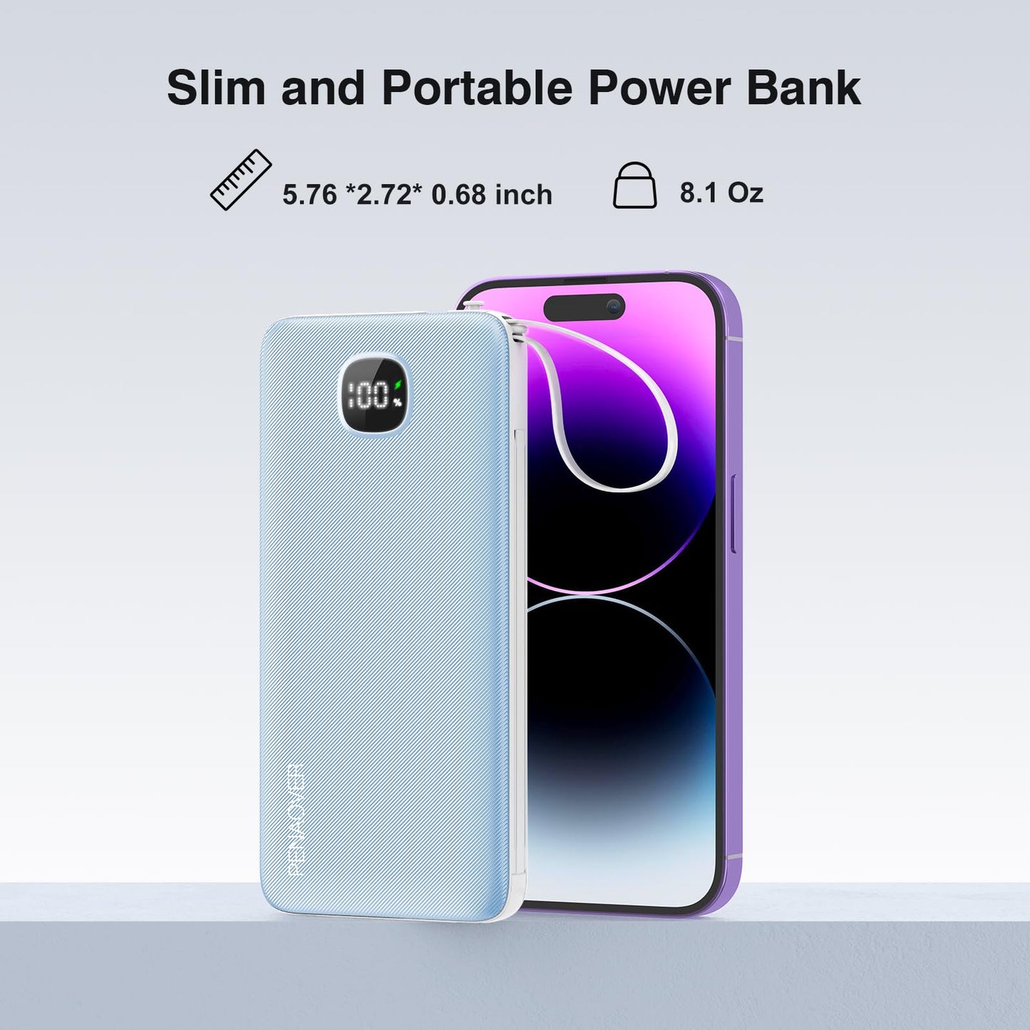 Portable Charger with Built-in Cables&AC Wall Plug,Slim 10000mAh 22.5W Fast Charging Power Bank,5 Output 2 Input USB-C External Battery Pack Compatible with iPhones,Samsung,Android, etc