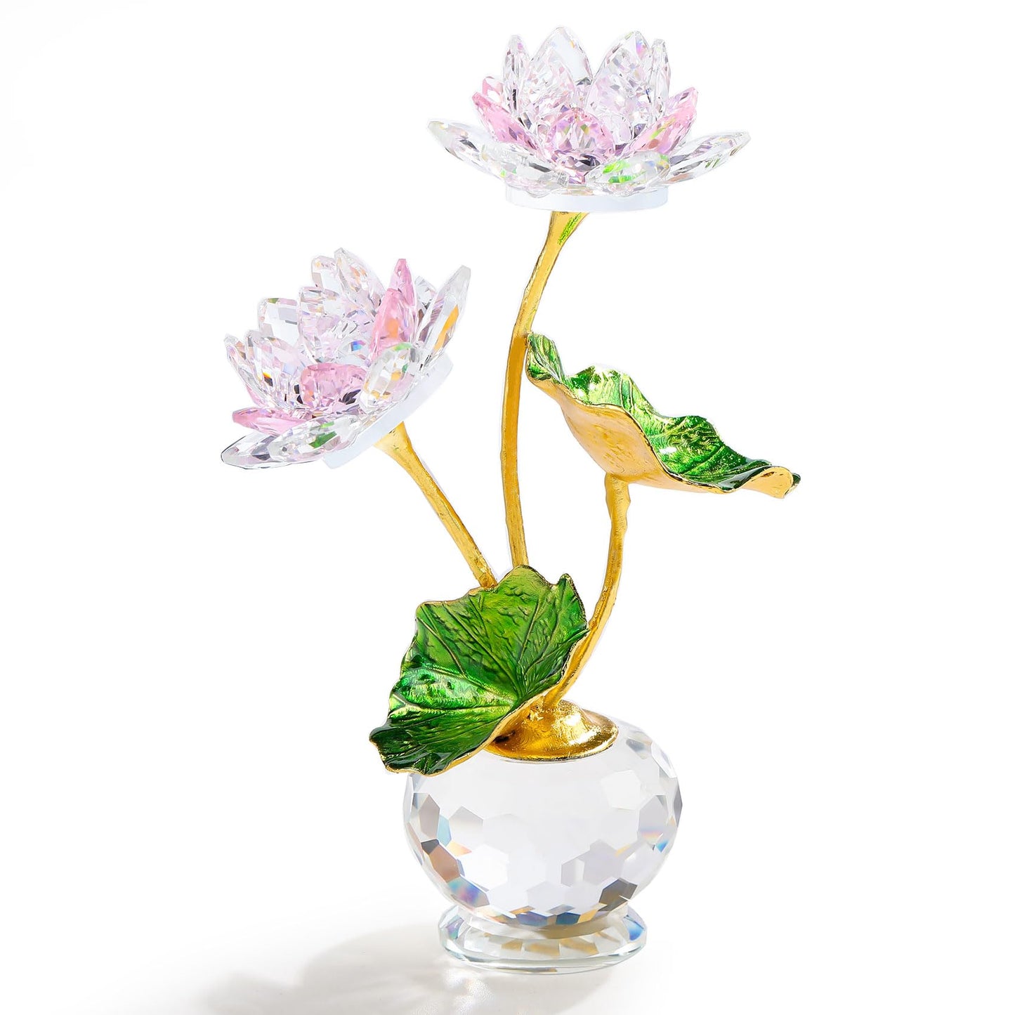 Qianwei Crystal Pink Lotus Flower with Stems - Glass Decor Lotus Flower with Vases Home Office Decoration - Crystal Gifts for Mom Girlfriend Sisters Boss on Birthday Mothers Day Valentines Day
