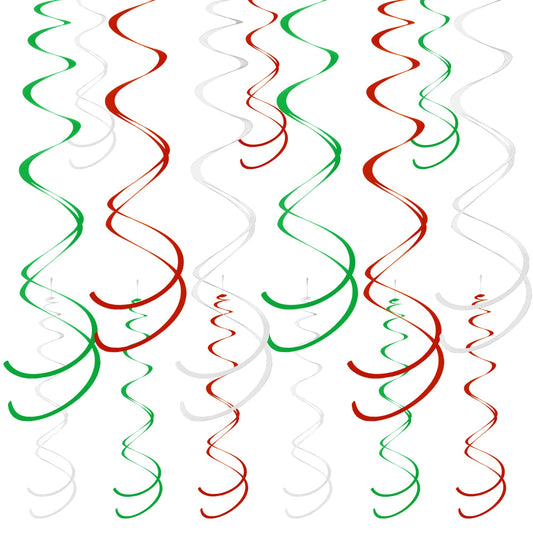 Colorful Ceiling Swirl Foil Decorations Hanging Plastic Streamer Themed Swirl Party for Graduation Celebration, Pack of 28 (Red, Green and Sliver)