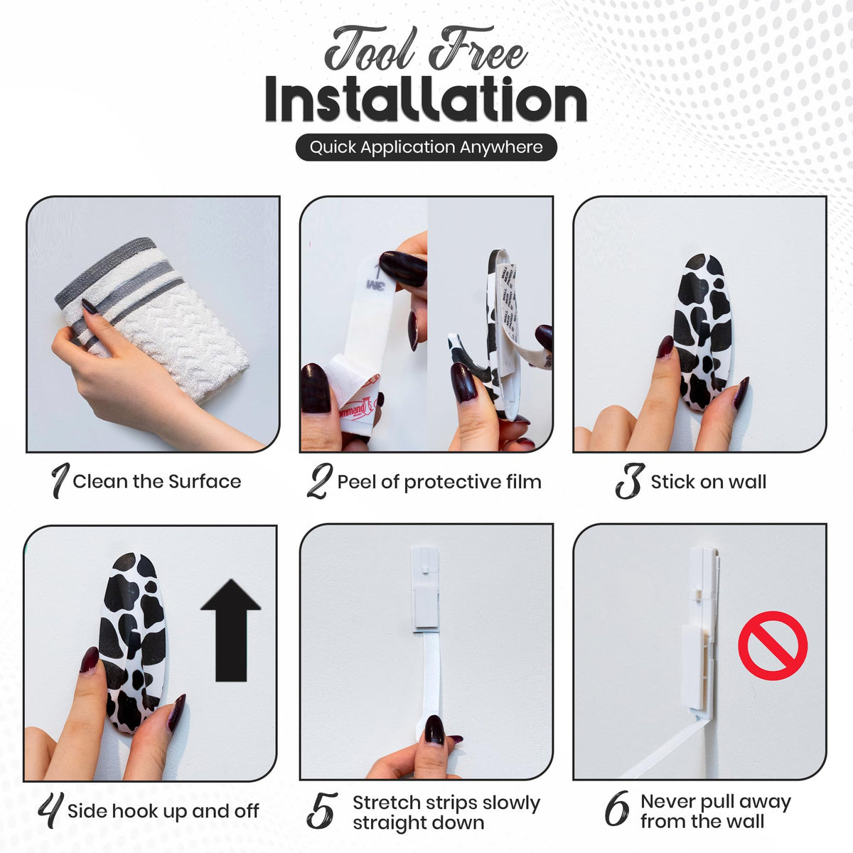 WallCandy Adhesive Stick-on wall Hanging Hook | Pack of 3 Self Adhesive Wall Hooks with Heavy Duty Sticky Strips that Hold Up to 3lbs, Easy to Install Hanging Hook, Bathroom & Kitchen (Cow Print)