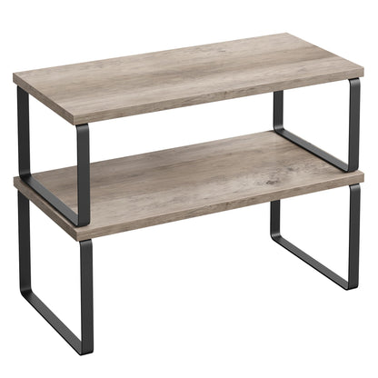 SONGMICS Cabinet Organizer Shelf, Set of 2 Kitchen Counter Shelves, Kitchen Storage, Spice Rack, Stackable, Expandable, Metal and Engineered Wood, Ink Black and Natural Beige UKCS02NB