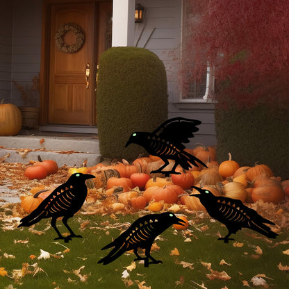 YY Gardenia Halloween Decorations Outdoor,Metal 4 Pack Black Crow Garden Stake - Spooky Glow in The Dark Raven Silhouette Crows Halloween Decorations