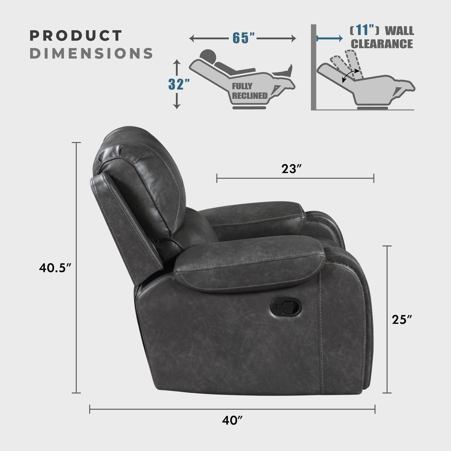 Lexicon Modern Double Recliner Sofa, Faux Leather Reclining Sofa with Nailhead, Center Drop-Down Cup Holders, Receptacles, USB Ports, Manual Recliner Couch Sofa for Living Room/Office/Apartment, Grey