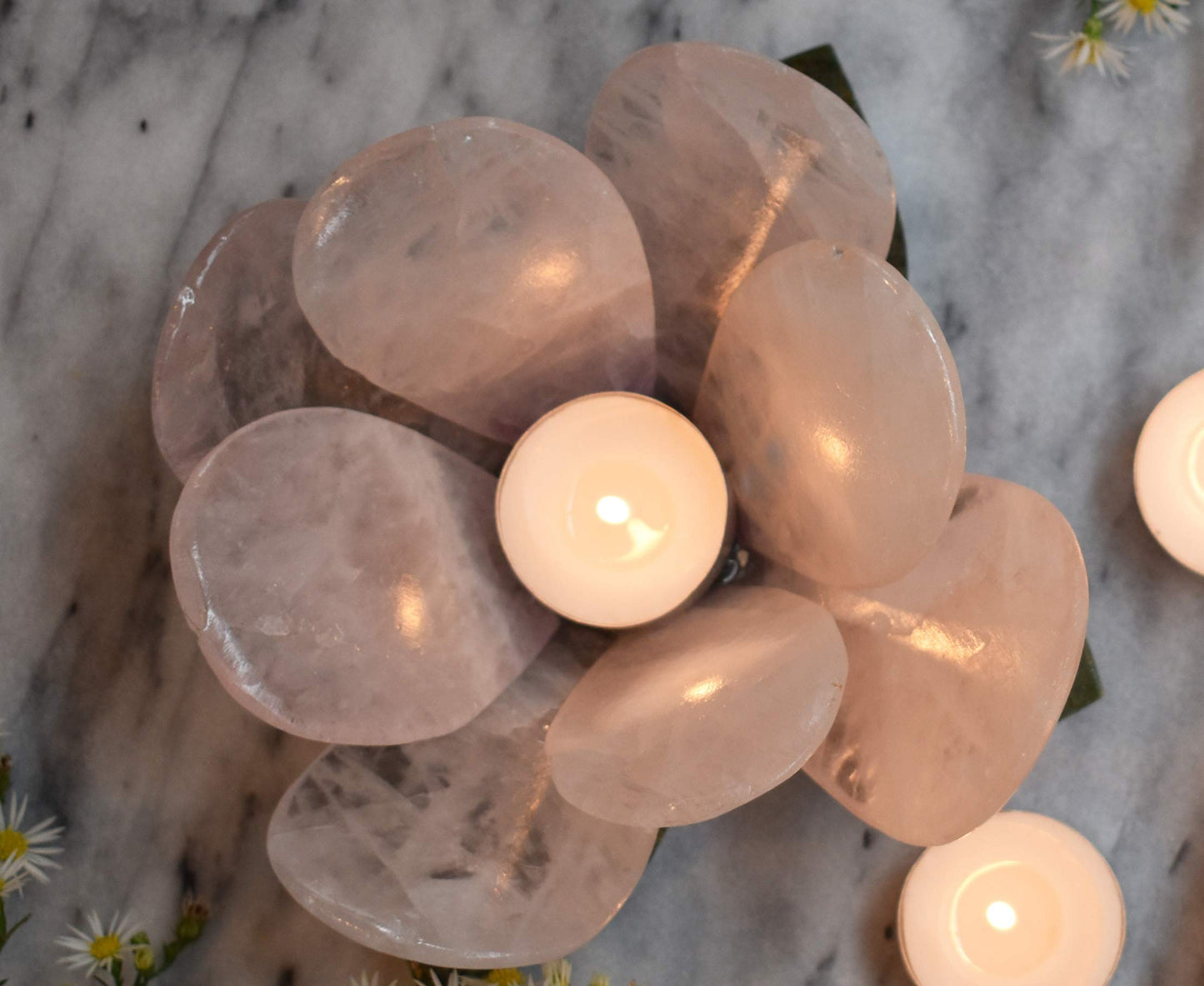 Nature’s Decorations Rose Quartz Lotus Flower Votive Candle Holder | Tealight Candle Holders | 6.5” x 6.5” x 3”, Large