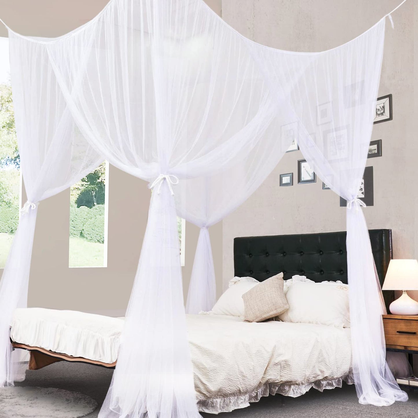 South to East White Canopy Bed Curtains, 4 Corner Post Bed Canopy for Girls & Adults, Top Luxurious Bed Drapes for Bedroom Decoration, 4 Openings, 100% Ripstop Polyester, Easy Install, King/Queen Size