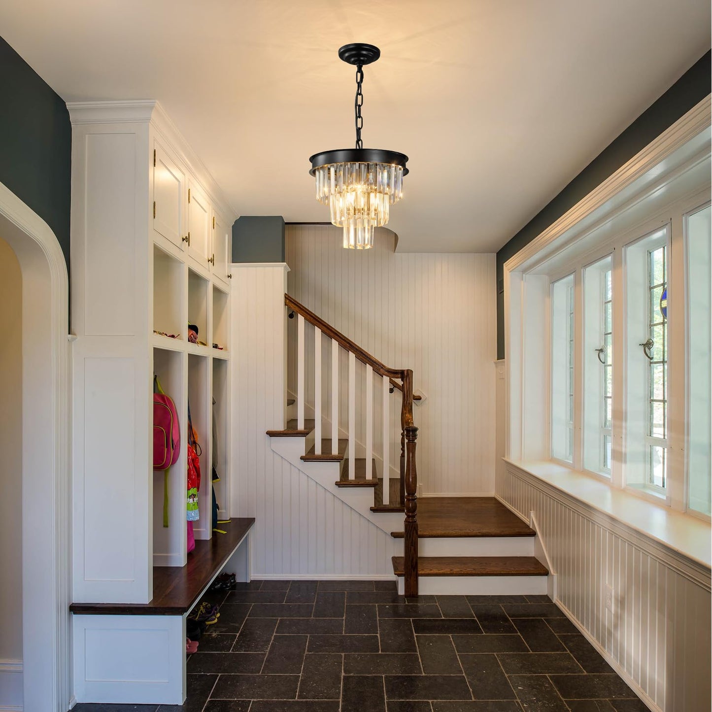 Modern Crystal Chandeliers For Dining Room: 12" Black Small Luxury Hanging Pendant Light Fixture Over Table - 3 Tiers Mini Round Chandelier For Kitchen Island Bedroom Entryway Foyer Closet 4 Lights
