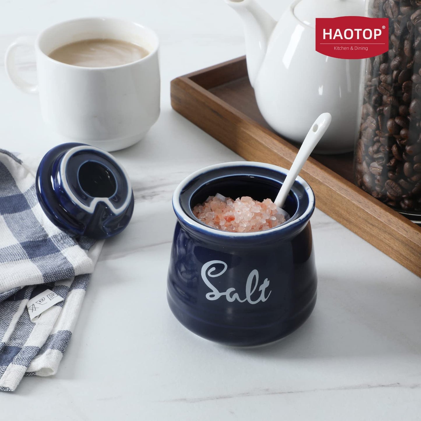 HAOTOP Farmhouse Porcelain Salt Bowl with Lid and Spoon 12oz,Easy to Clean (Navy)
