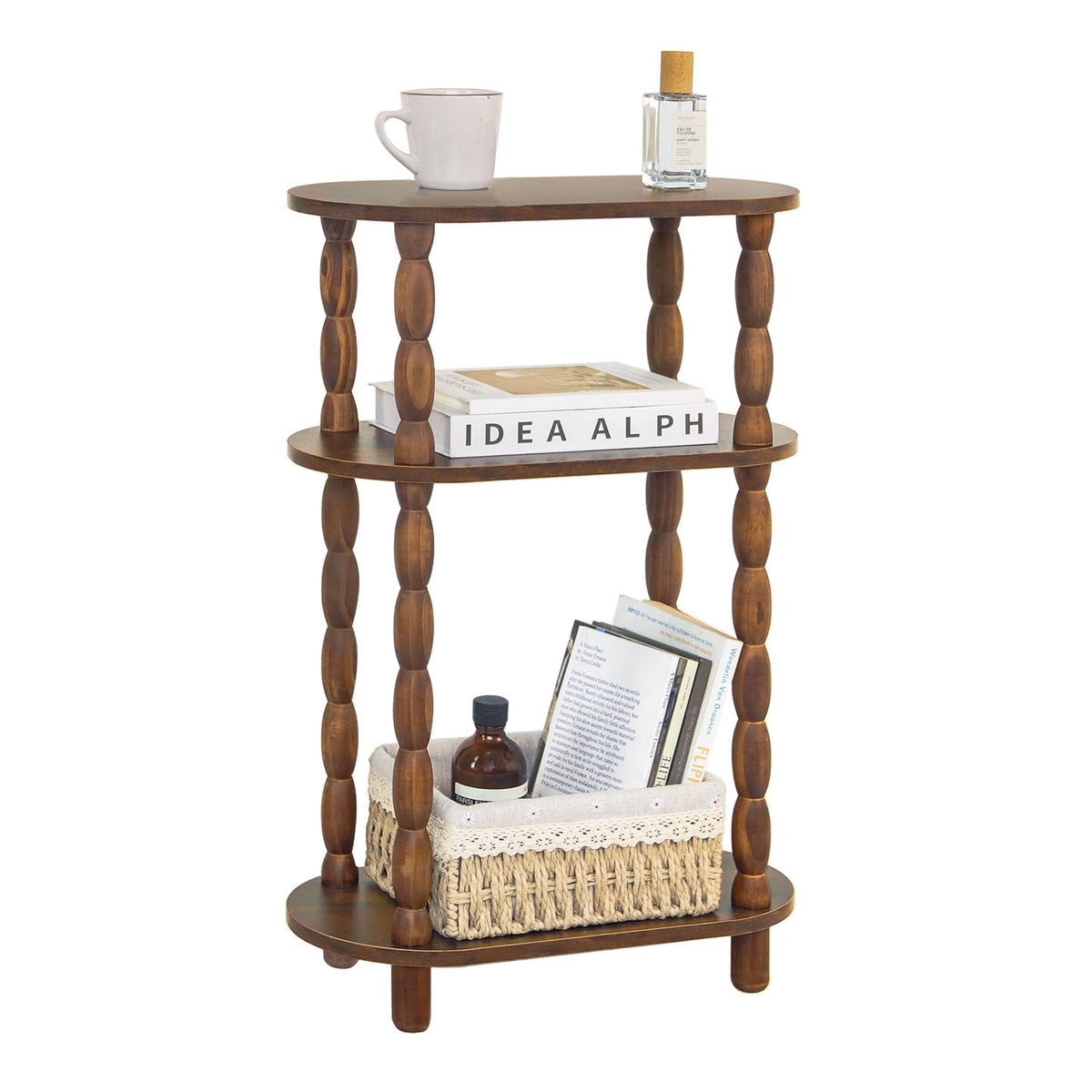 MaxSmeo Small Narrow Side Table, 3-Tier Narrow End Table with Storage, Skinny Side Table Nightstand for Small Space, Bedrooms, Living Room (Rustic Brown)
