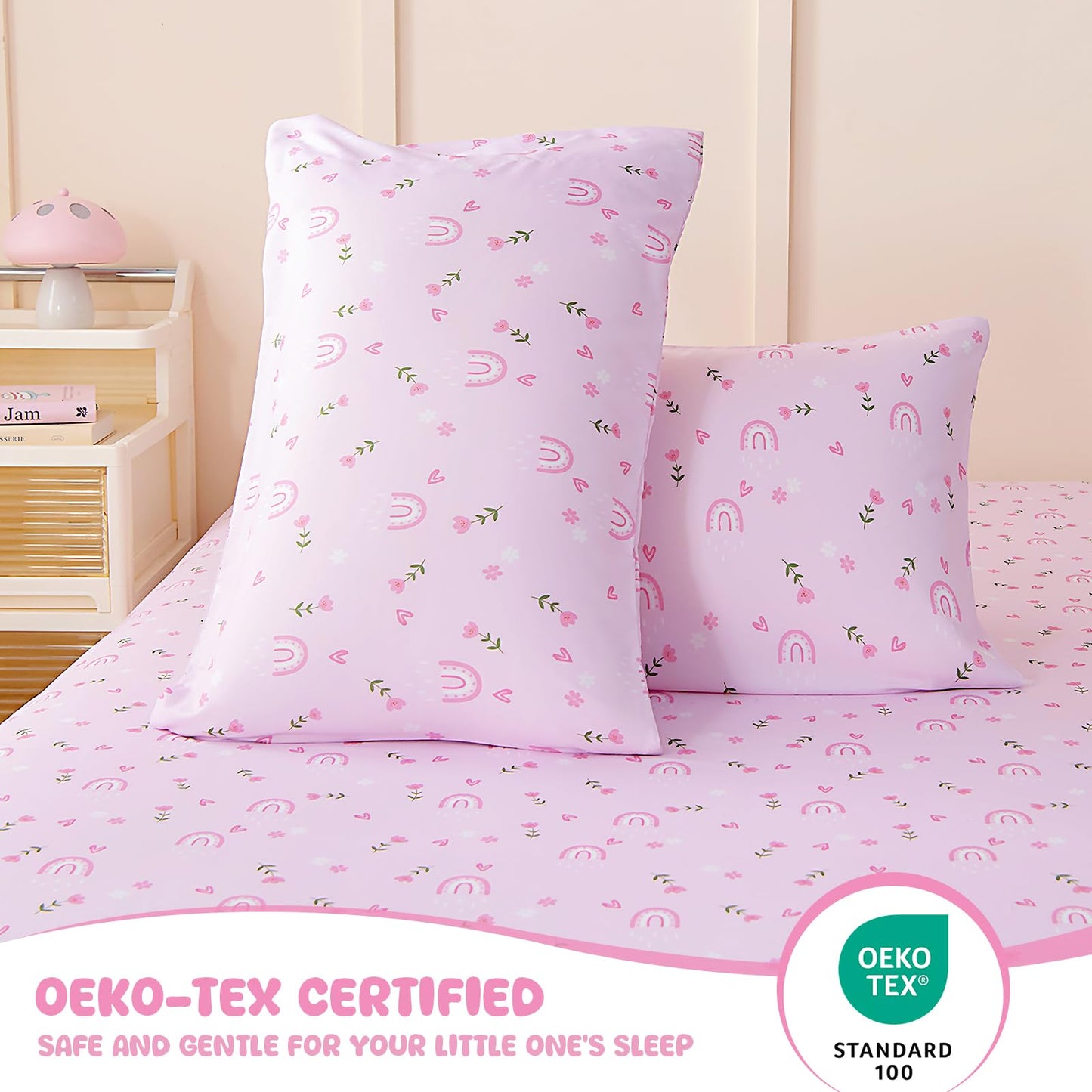 MICORAL Kids Twin Sheet Set Pink Rainbow, 3 Pieces Sheets for Boys & Girls, Soft Printed Microfiber Bed Sheets, Deep Pocket Cozy Toddler Bedding Set, Pink Rainbow