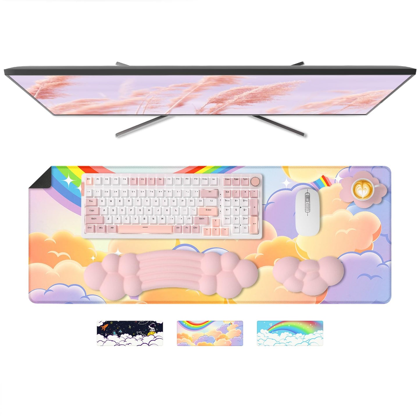 ATTACK SHARK Cloud Wrist Rest Mousepad Set for Gaming Keyboard and Mouse(31.3x11.6in) XXLarge Desk Mat Gel Wrist Support,PU Soft Memory Foam,Pain Relief,Non Slip Office Supplies for PC/Laptop-Pink