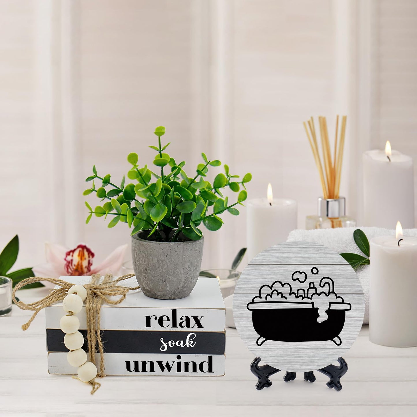 Bathroom Shelf Decor, Modern Farmhouse Bathroom Decor, Funny Wooden Rustic Decor for Restroom Shelf Guest Bath (Relax Soak Unwind)