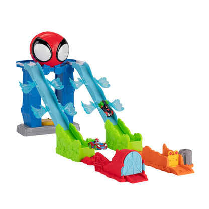 Marvel Spidey and His Amazing Friends Spidey’s Mega Jump HQ Track - 39-Inch Dual Race Track with Elevator, Control Center, Web Tunnels and Two Exclusive Amazing Metals Vehicles