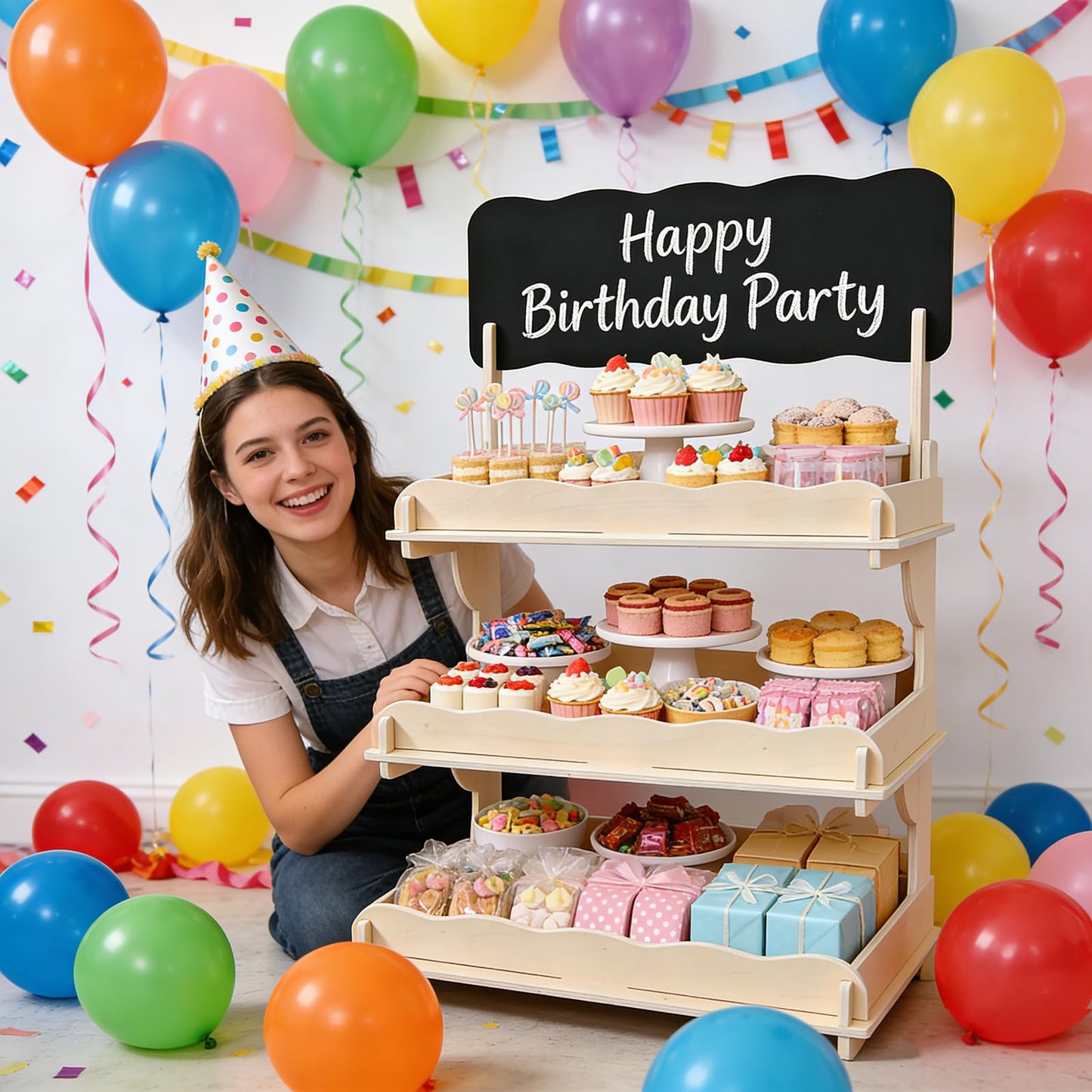 3-Tier Cookie Display Stand with Extra Tall 6.5” Between Tiers – Wooden Cookie Stand with Chalkboard Sign for Vendors, Bakers, Market & Craft Fairs – Holds More Cookies, Cupcakes, Muffins, Pastries