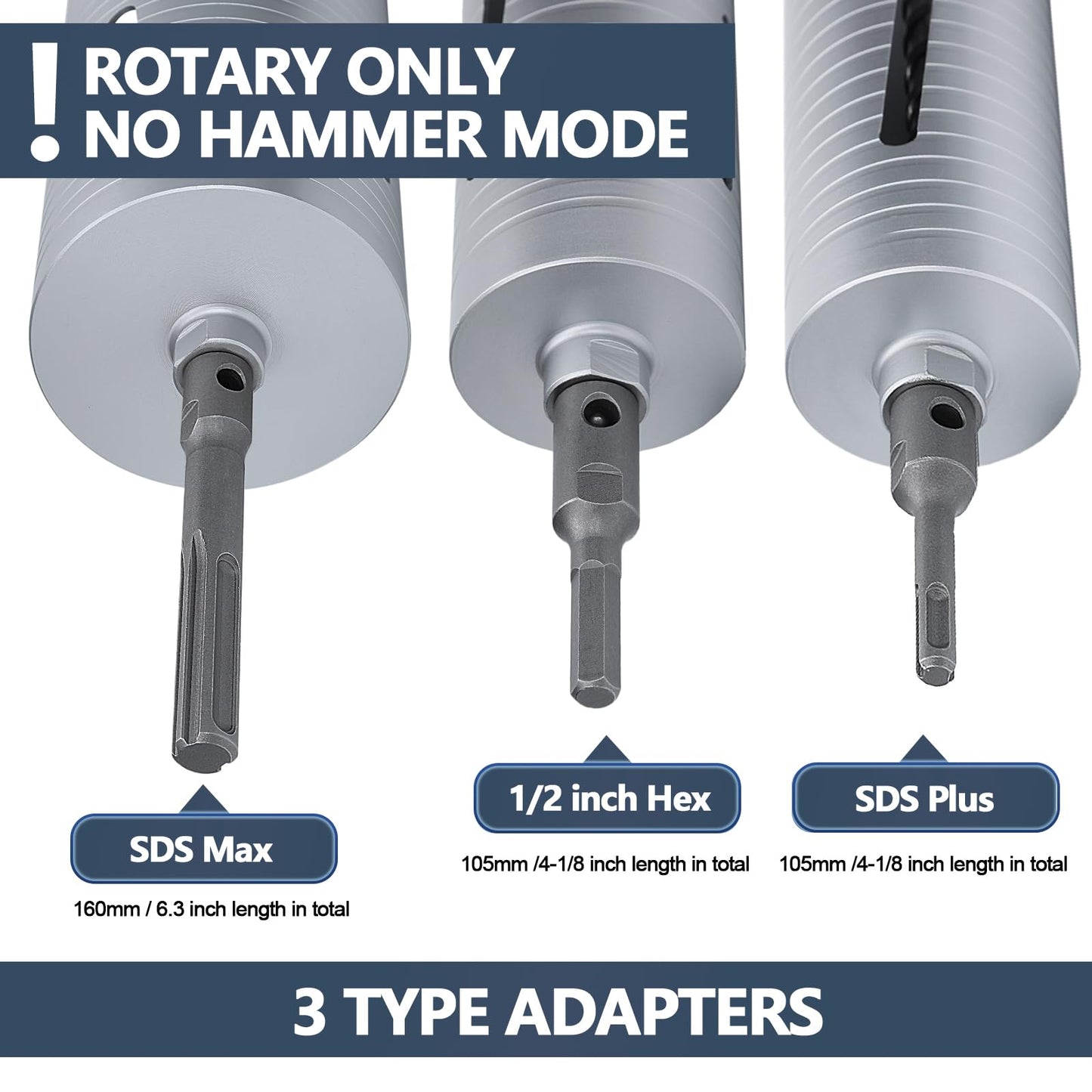 6-1/2 inch Diamond Dry Core Drill Bit, 10" Drilling Depth, 5/8"-11 Thread Core Drill Bit for Concrete Masonry Brick Block, Includes 3 Adapters SDS Plus, SDS Max and Hex (6-1/2 inch)