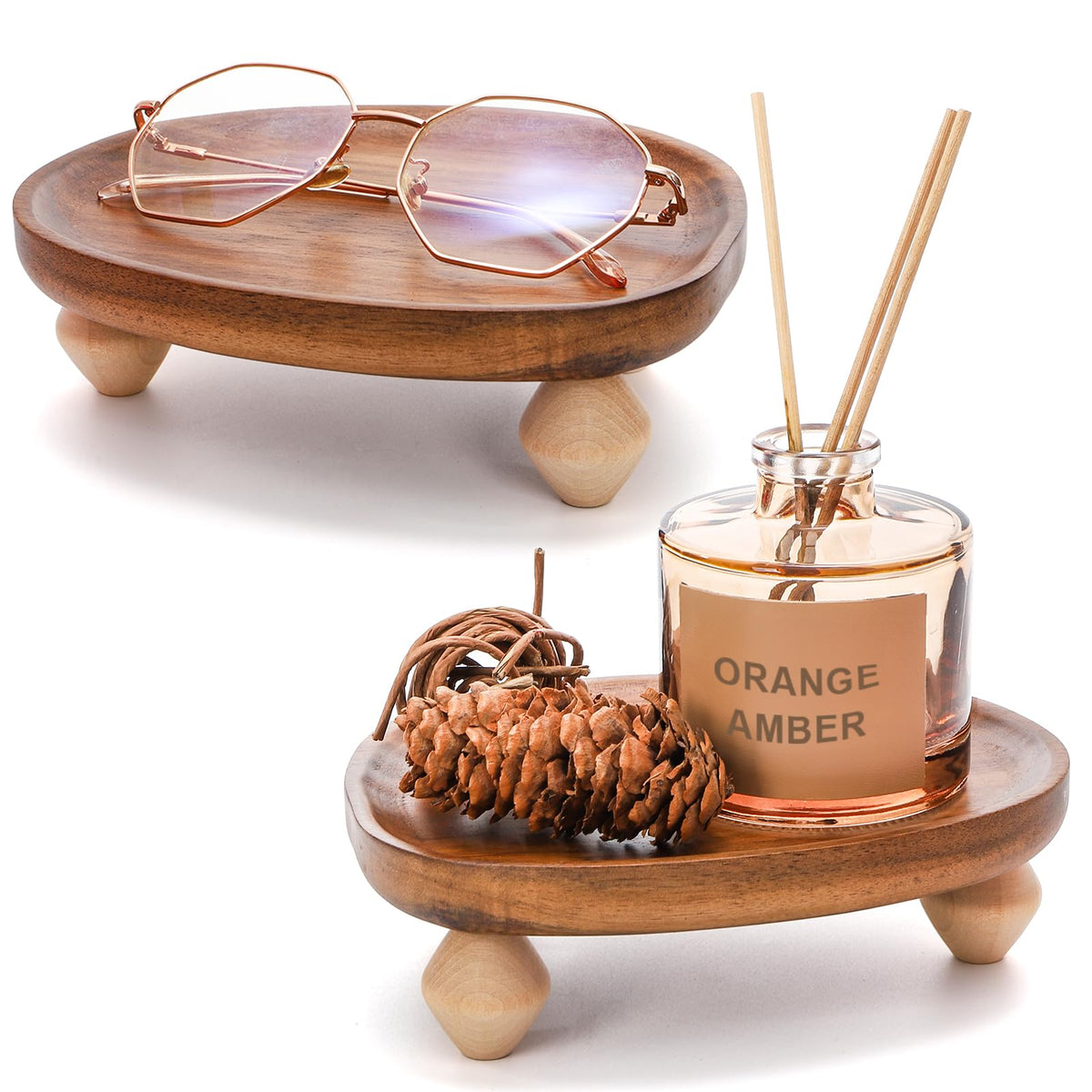 Dicunoy 2 Pack Handle Holder, 6" Wooden Display Riser Tray for Decor, Small Rustic Candle Plate Stand Pedestal for Display, Mini Candle Base Dish for Bathroom Counter Tabletop Centerpieces Kitchen