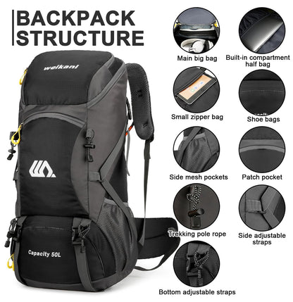 jianyana Hiking Backpack Waterproof 50L Foldable Rucksack Durable Lightweight Camping Bag with Rain Cover for Camping Trekking Hiking Walking Cycling Climbing Outdoor Sports for Women Men(Black)