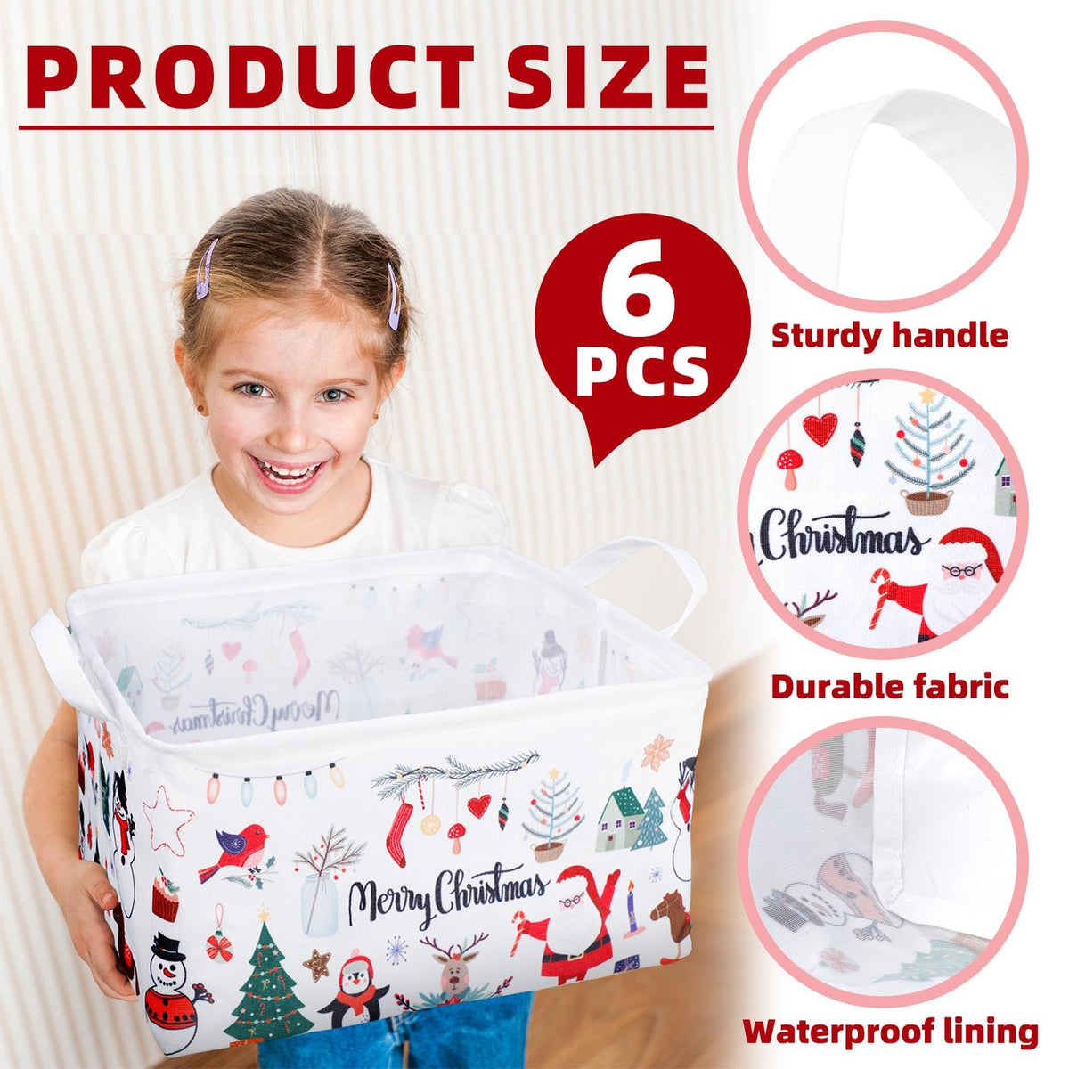 Maxcheck 6 Pcs Large Christmas Basket for Gifts Empty Foldable Xmas Gift Basket Rectangle Christmas Santa Present Storage Bin Fabric Cubes Containers Boxes with Handles for Present Cloth Toy