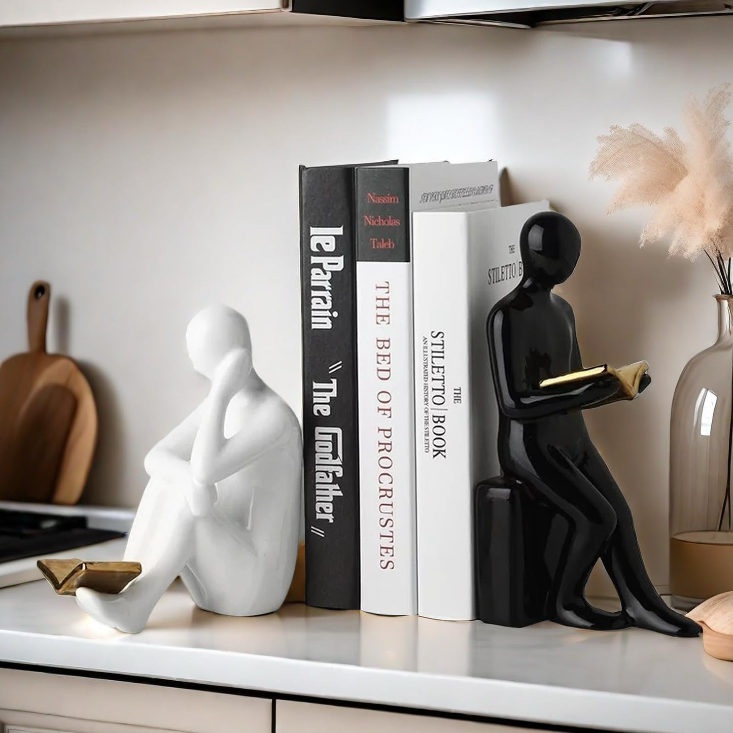 Home Decorative Reading Book Statue Bookends Elegant Resin Bookshelf Room Office Desk Decor,Paper Weights, Book Ends,Bookend Supports, Book Stoppers, Set of 2 (Black and White)