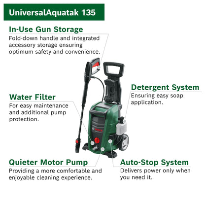 Bosch High Pressure Washer UniversalAquatak 135 (1900 W, 135 Bar Pressure, 450 l/h Flow Rate, with 3-in-1 Nozzle, Detergent Nozzle, and Carrying Handle in Carton Packaging)