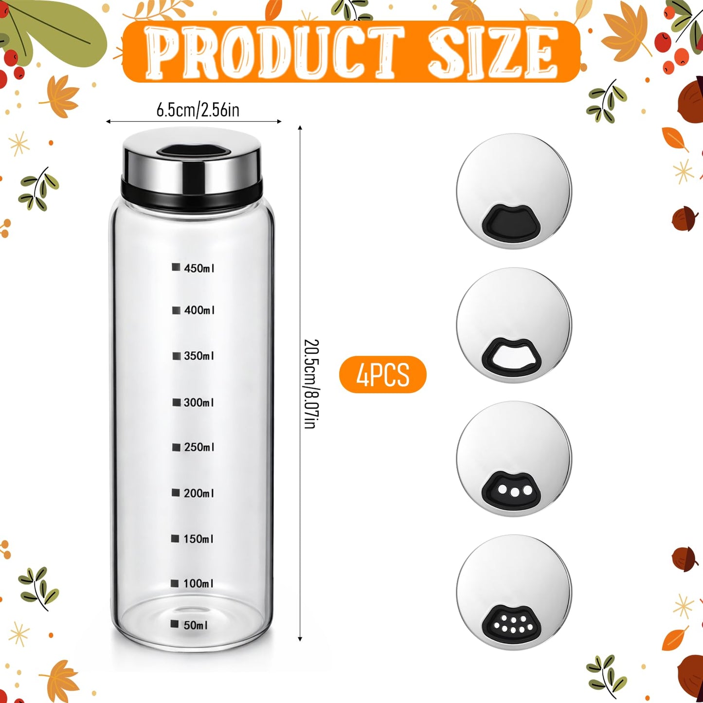 MySHUCE 2 Pcs 15 oz Large Salt Pepper Shakers with Adjustable Outlet Holes, Glass Spice Bottles Spice Dispensers with Non-Slip Silicone Bases & Rotating Steel Lids for Kitchen Restaurant BBQ