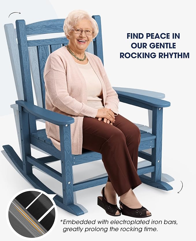 KINGYES HDPE Outdoor Rocking Chair, Widened Seat Patio Rocking Chair, Oversized All Weather Patio Rocker, Navy