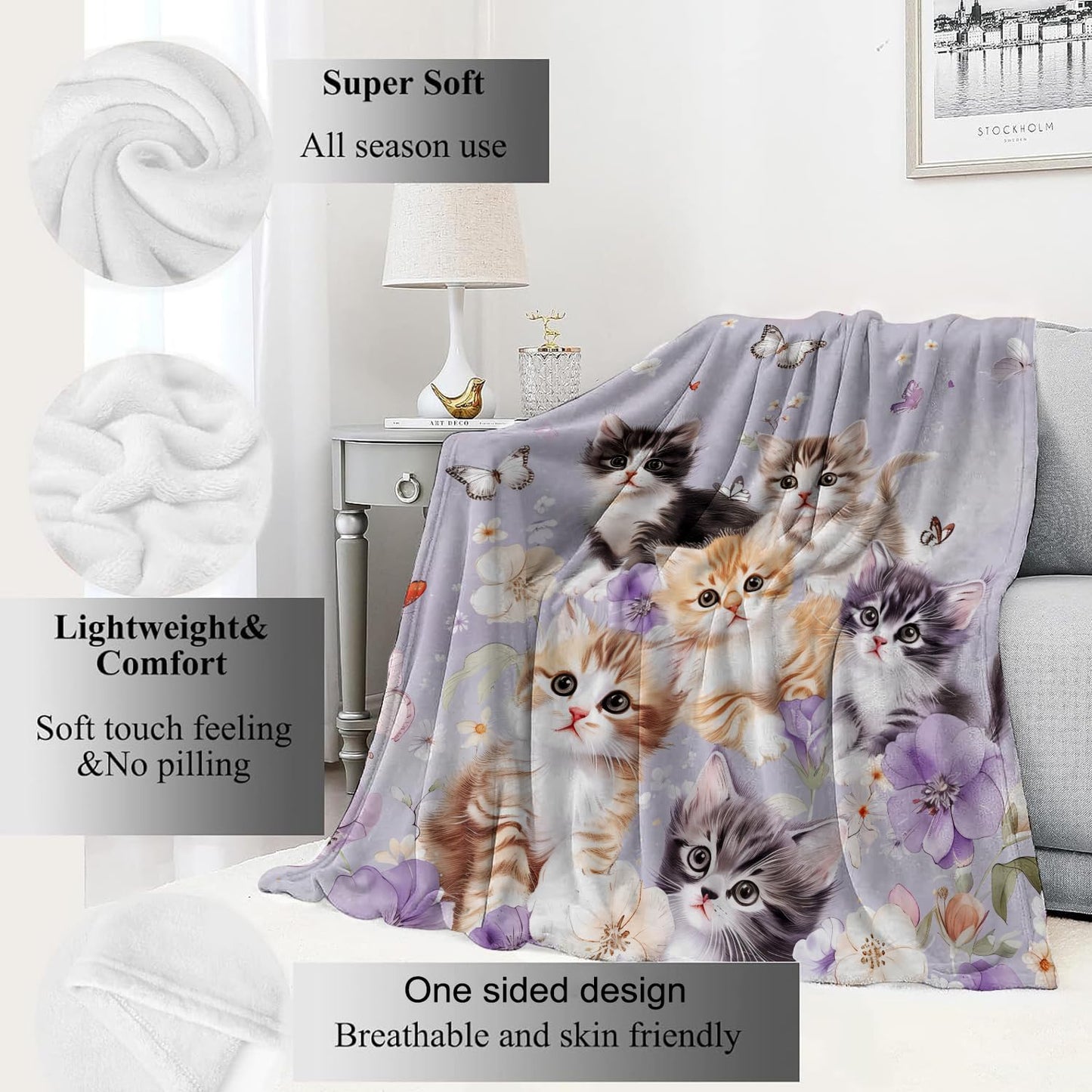 VODRM Adorable Kitten Blanket Cute Cat and Butterfly on Lavender Throw Blankets Gifts for Girls Women Adults Lightweight Soft Fleece Cozy for Sofa Couch Bed Room Travel Birthday Decor 50x60in