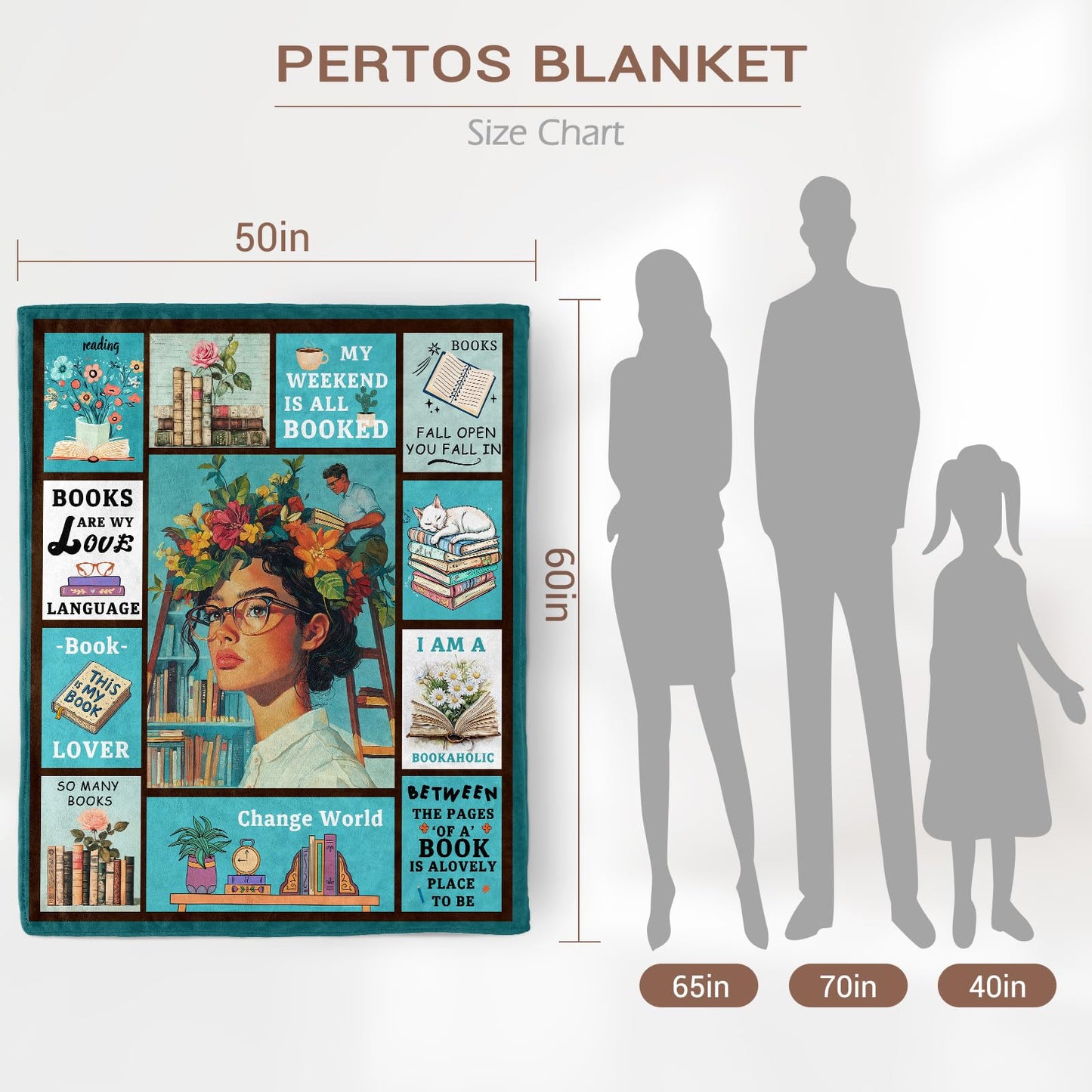 Pertos Book Lovers Gifts, Gifts for Readers, Book Club Librarian Bookworm Bookish Reading Blanket 60" X 50"