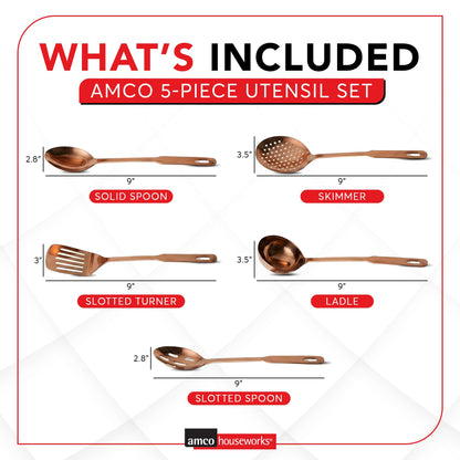Amco 5-Piece Stainless Steel Cooking Utensil Set, Copper Finish - Includes Kitchen Ladle, Slotted Turner, Skimmer, Solid Spoons - 14" with Hanging Holes for Easy Storage, Durable Kitchen Gadgets
