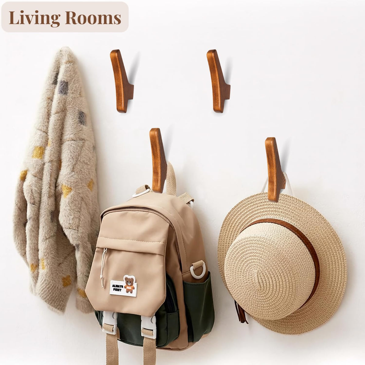 LAMGOMIN Wood Wall Hooks, Rustic Wood Coat Hooks, Minimalist Hat, Backpack, Jacket, Towel Hangers, Decorative Mounted Pegs, Durable Wall Hooks for Entryway, Bathroom and Kitchen (Brown V2, 4 Pack)