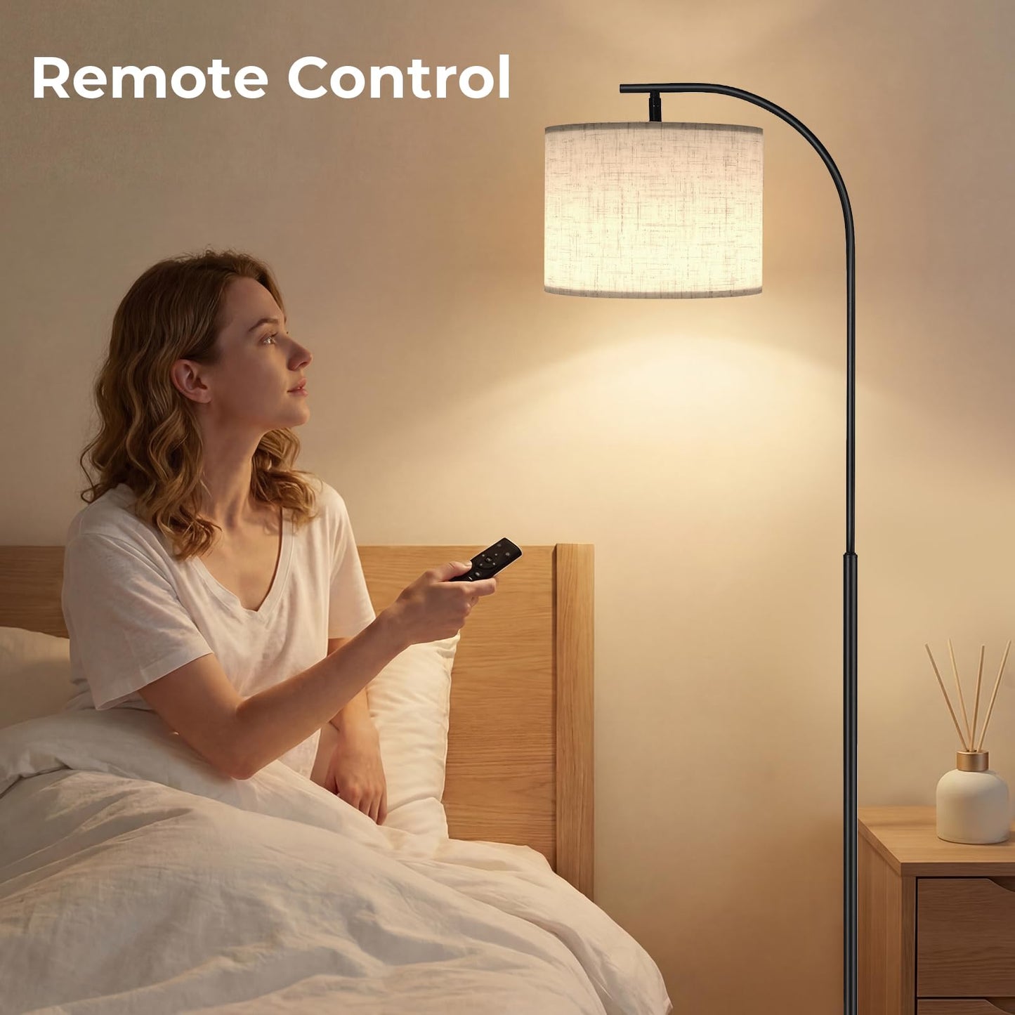 SIBRILLE Floor Lamp with Linen Shade, Arc Dimmable Tall Standing Lamp with Remote Control, Modern Floor Reading Light for Living Room Bedroom Office Corner, 9W LED Bulb Included