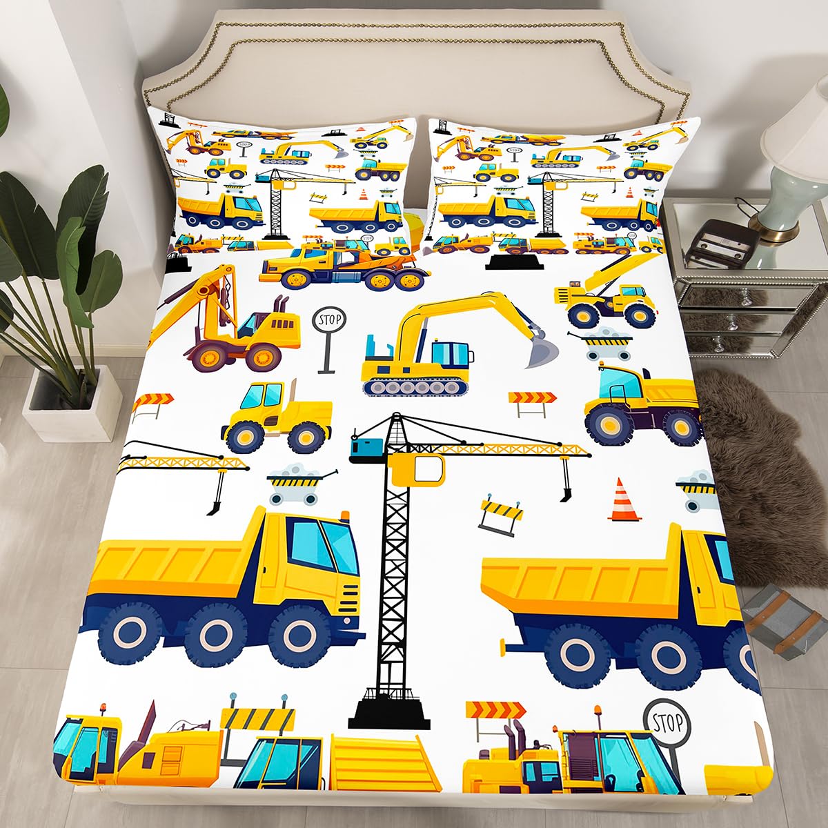 Erosebridal Kids Construction Bed Sheets Twin Excavator Truck Fitted Sheet for Boys Tractor Vehicle Toddler Bedding Sheets Cartoon Car Bed Set Yellow Blue 1 Pillow Case Child Room Decor
