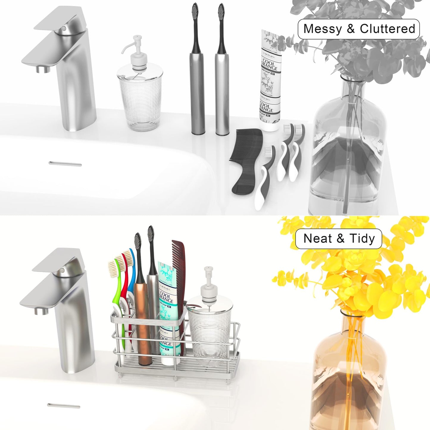 Toothbrush Holders, WHALCHI Bathroom Toothbrush Organizer 6 Slots Rustproof Metal Toothbrush and Toothpaste Holder, Silver, L