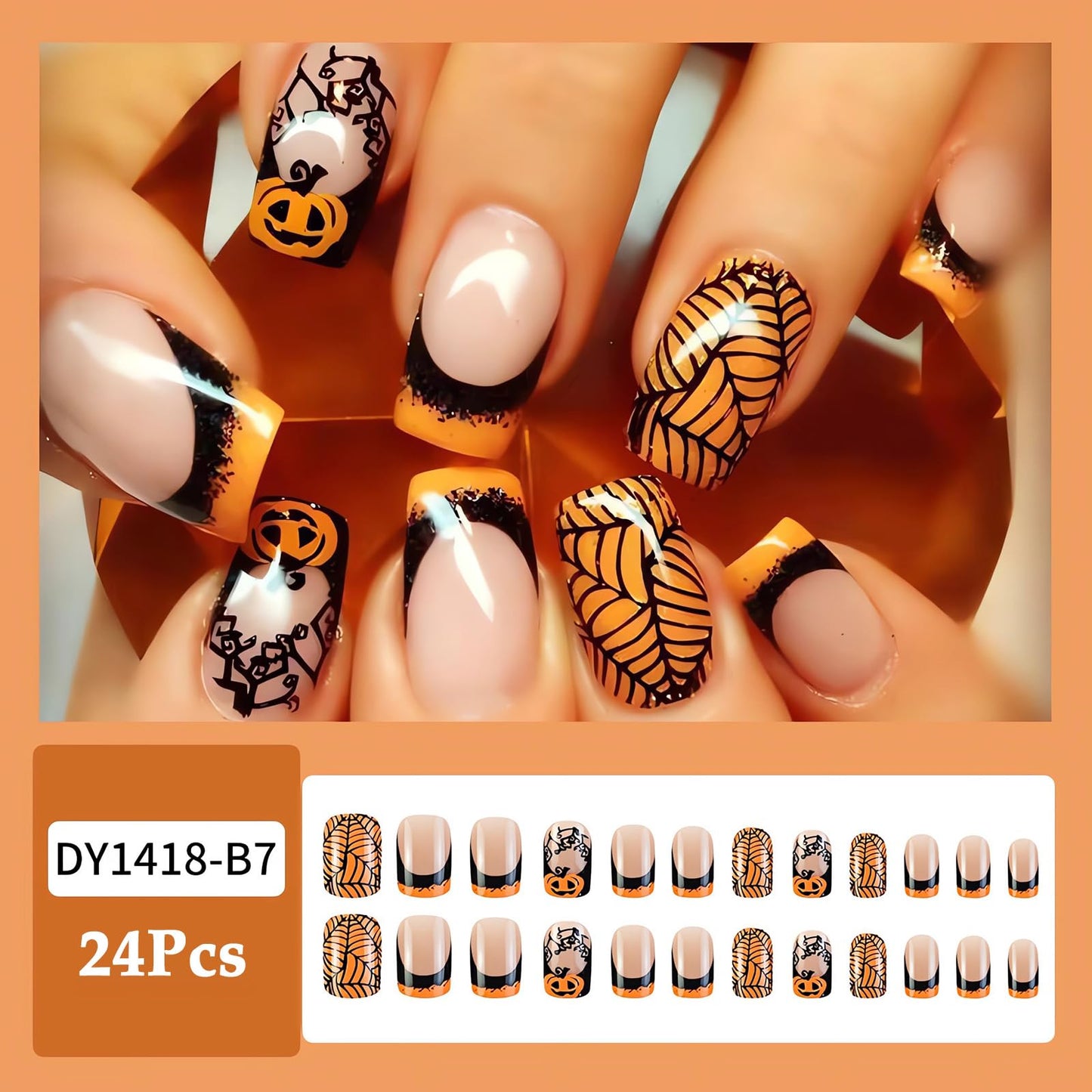 OHWODA Halloween Medium Fake Nails Square Press on Nails Black Spider Web Glue on Nails Halloween Pumpkin Nails Press ons Orange French Halloween Press on Nails for Women DIY Manicure Decorations