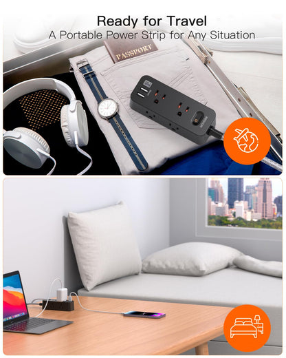 Power Strip Surge Protector, BESHON 5Ft Extension Cord, 6 Outlets with 4 USB Ports (2 USB C Outlet), 3-Side Outlet Extender, Wall Mount, Compact for Travel, Home, School, College Dorm Room and Office