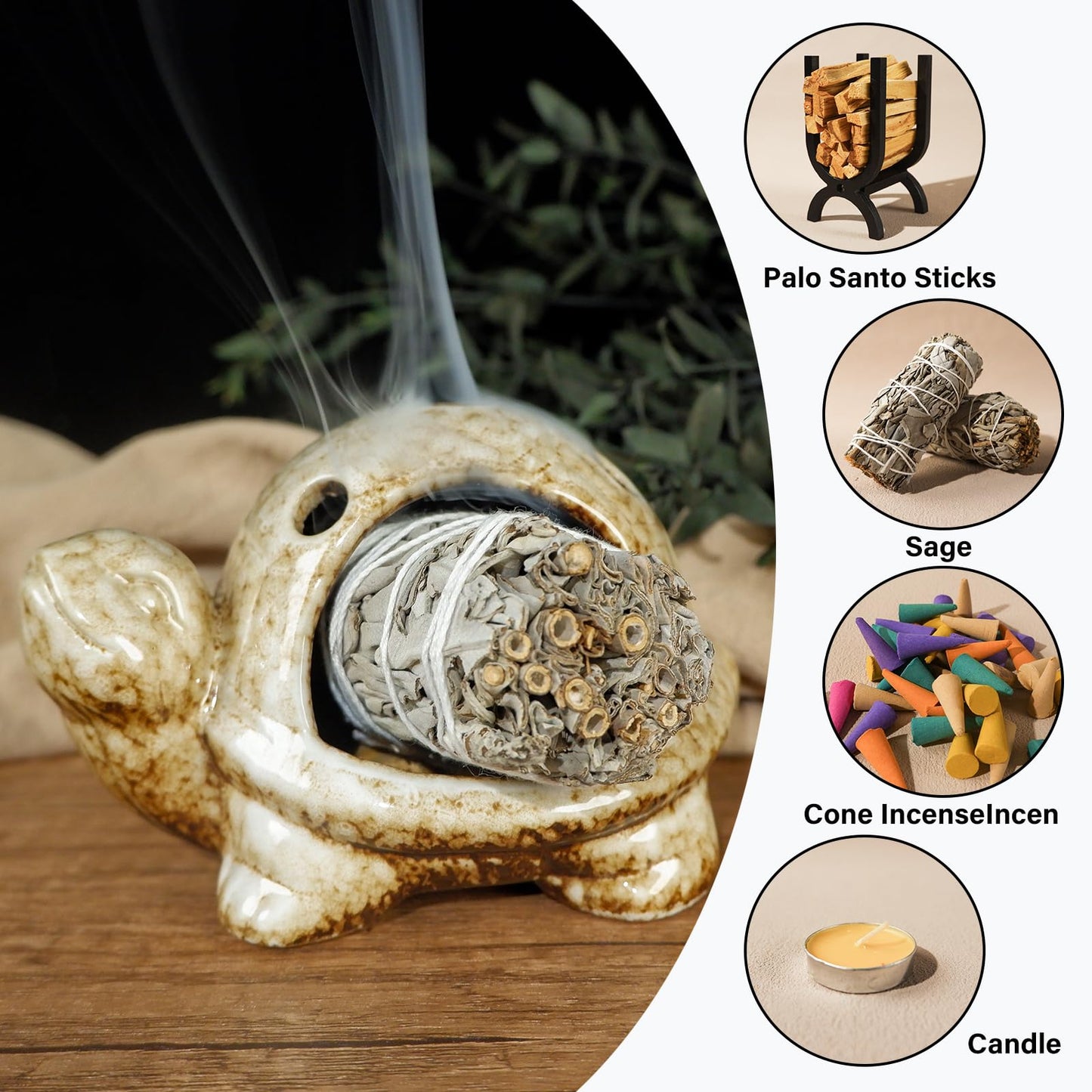 Mougigi Handcrafted Brown Ceramic Turtle Mini Chiminea Palo Santo Burner Holder ，for Burning Sage、Cone Incense、Copal&Small Candle，Thoughtful Gifts for Meditation, Yoga, Aromatherapy Altar、Zen Spaces