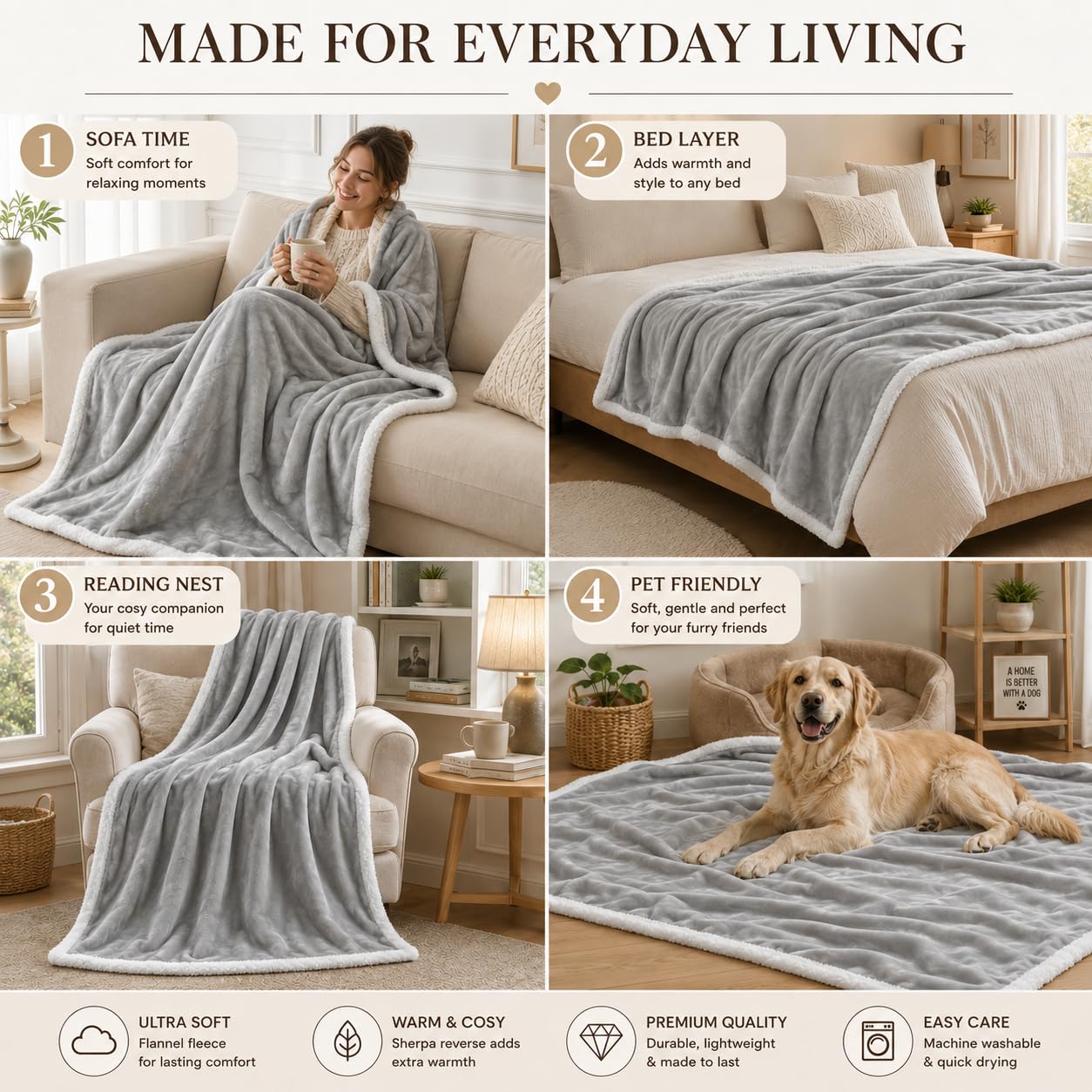 COZYXWORLD Sherpa Blanket Twin Size 60x80 Inches, 480GSM Extra Soft Thick Warm Blanket for Bed, Double-Layered Reversible Flannel Fleece Bedspread, Oeko-TEX Certified Skin-Friendly, Grey