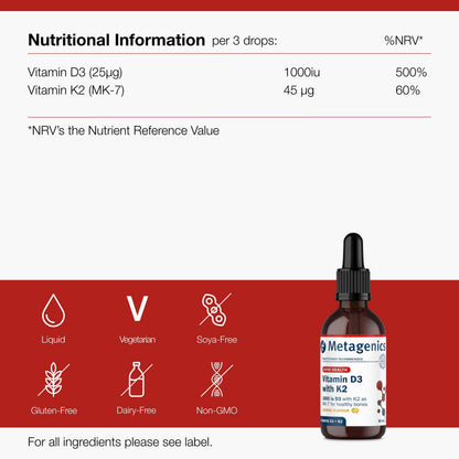 Metagenics Vitamin D3 with K2 Liquid Drops - Bone Health & Immunity - Orange, 30ml