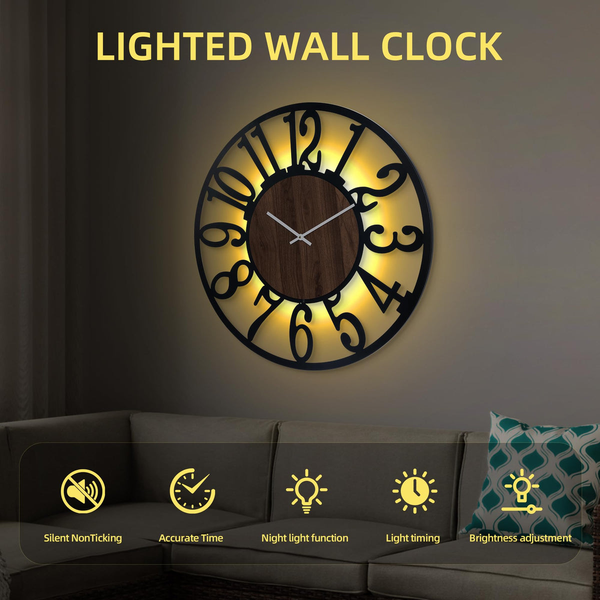 LEIKE Large Wall Clock 32'' Lighted Rustic Wood Clock with Remote Timer, Silent Battery Operated Modern Oversized Wall Clock for Living Room, Bedroom, Farmhouse, Home Decor, Large Number Display