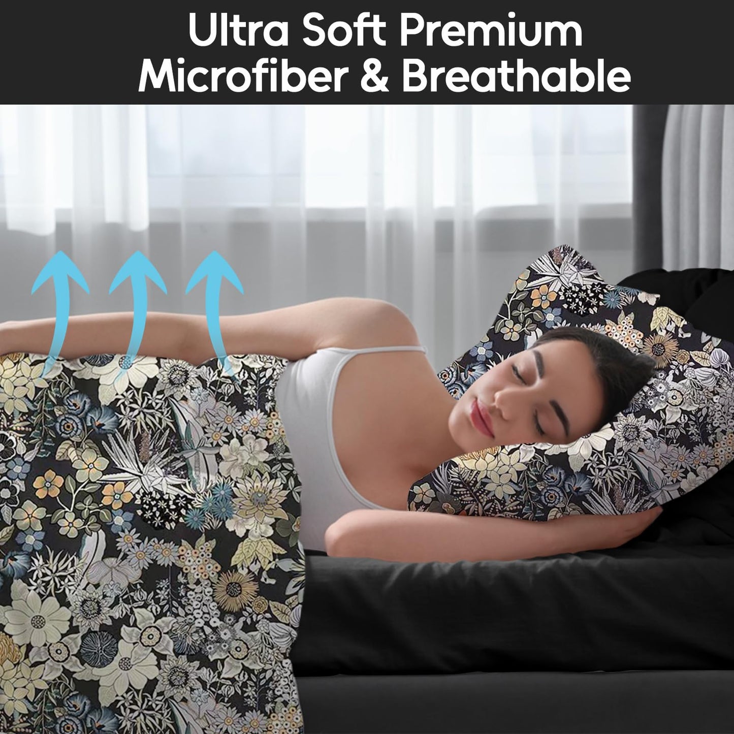 LONAVA Flower Queen Size 6 Pcs Sheet Set, Breathable Microfiber Deep Pocket Black Fitted Sheets, Comfy & Breathable Patterned Flat Sheets,4 Gentle Soft Pillowcases, Midnight Blossoms