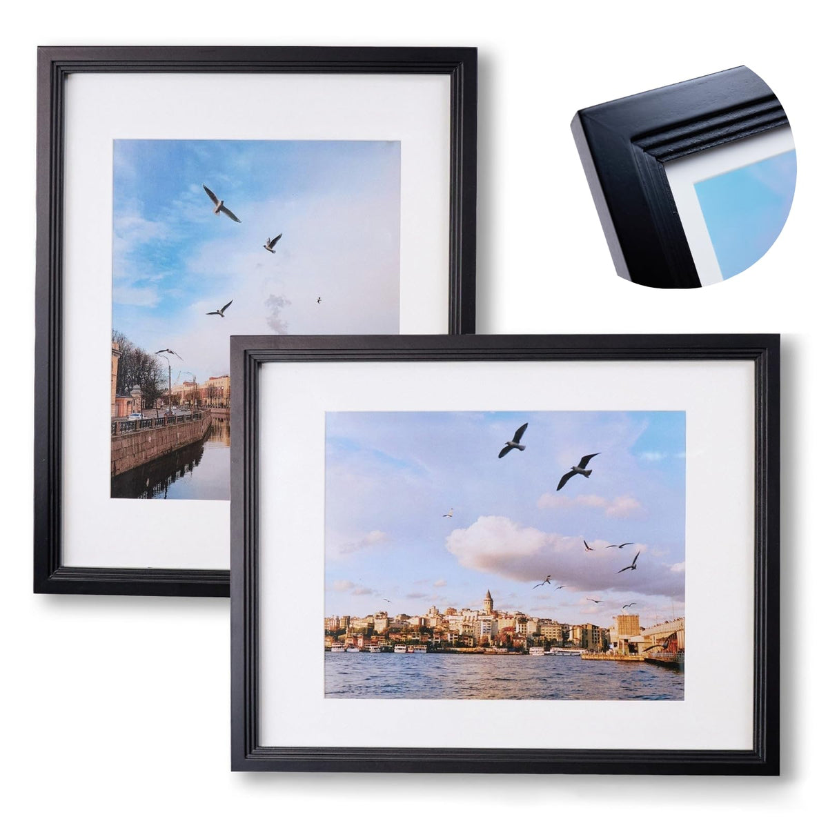 Exper City 11x14 Wooden Picture Frame, Displays 11x14 Without Mat or 8x10 With Mat, Solid Wood Colorful Photo Frame for Wall, Real Glass, Rustic Stepped Edge Design, 2 Pack, Black
