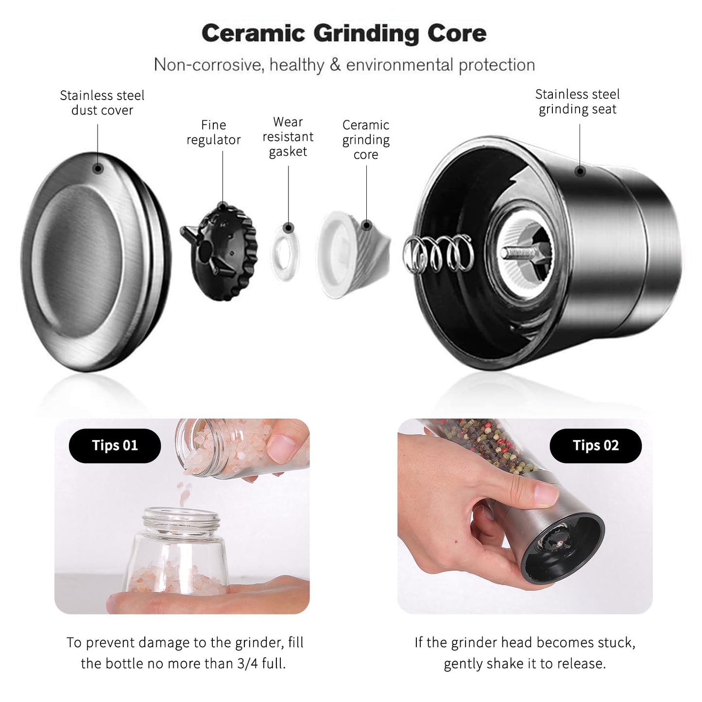Professional Stainless Steel Salt and Pepper Grinder Set with Stand Manual Spice Adjustable Coarseness with Five Grinding Level Pepper Mill Grinders Shakers Gift Set with Silicone Funnel (Pack of 2)