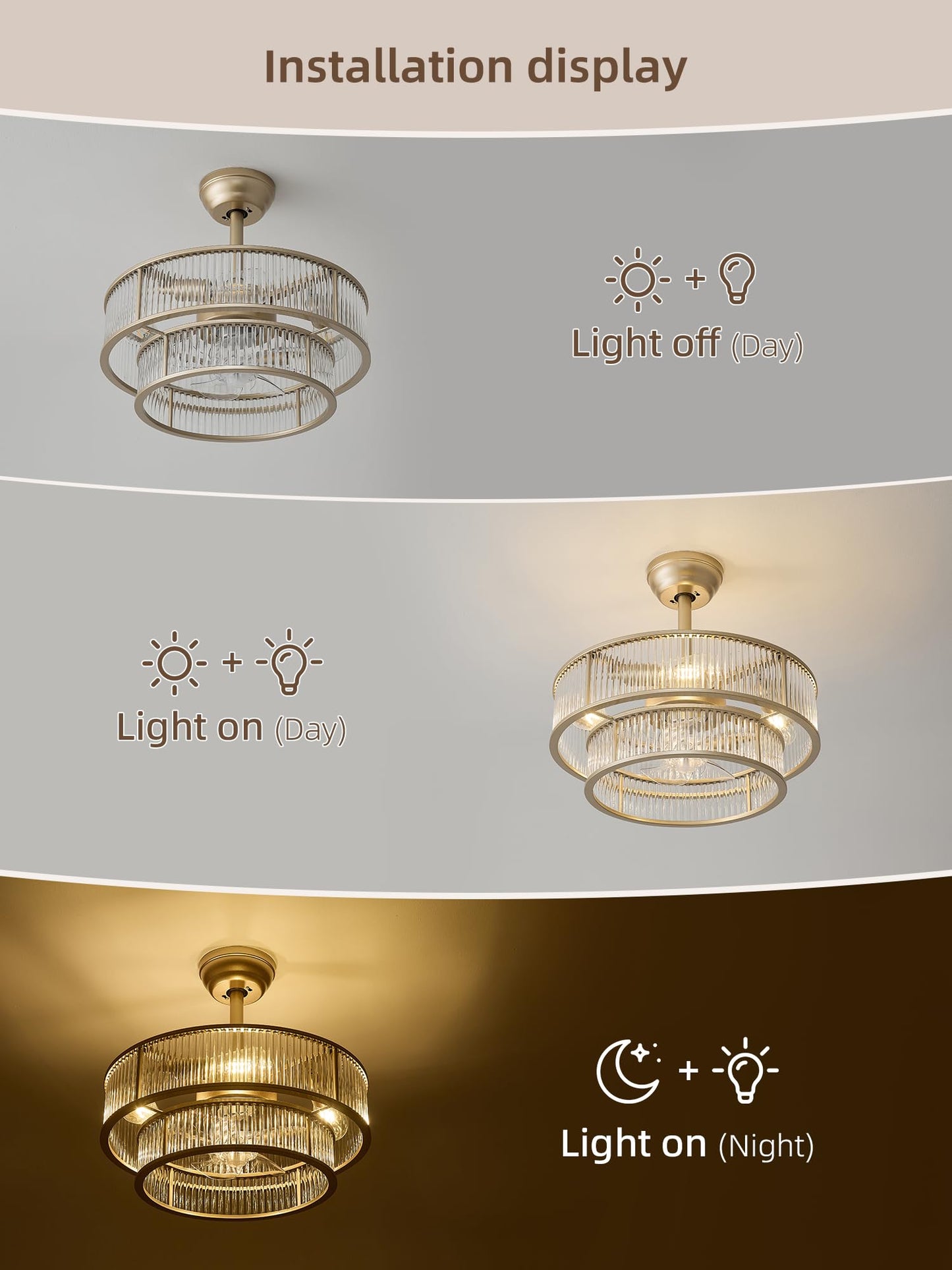 YADZSLY Gold Fandelier Ceiling Fans with Lights, 20" Gold Crystal Chandelier Ceiling Fan with Light Remote Control, Caged Mid Century with 6 Speeds for Bedroom, Living Room, Nursery