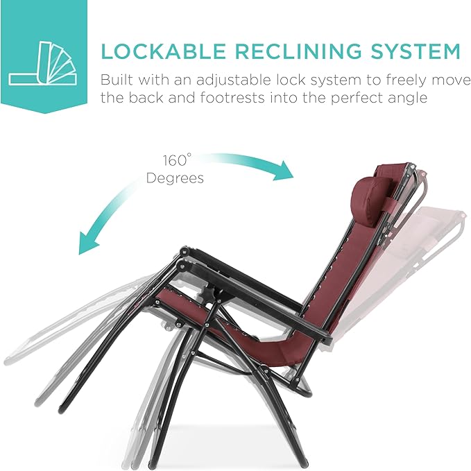 Best Choice Products Folding Zero Gravity Outdoor Recliner Patio Lounge Chair w/Adjustable Canopy Shade, Headrest, Side Accessory Tray, Textilene Mesh - Burgundy