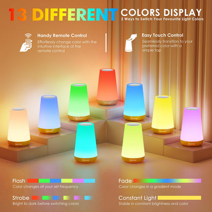 Auxmir Night Light, LED Touch Bedside Table Lamp, Remote Control Dimmable Light with RGB Color Changing, USB Rechargeable, Portable Lamp for Children, Kids, Bedroom, Living Room, Camping