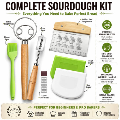 BOORIKA Sourdough Bread Baking Tool Set with Danish Dough Whisk, Bread Lame & Blades, Bench Scraper, Dough Scrapers and Silicone Brush – Sourdough Starter Kit