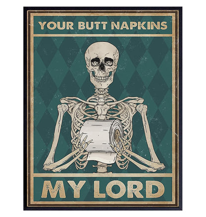 Spooky Bathroom Decor LARGE 11x14 - Skeleton Decoration - Funny Bathroom Wall Art - Your Butt Napkins My Lord - Humorous Bath Decor - Gothic Wall Art - Bath Accessories - Powder room Picture