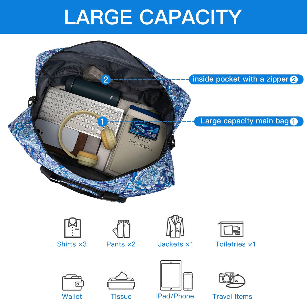 F.FETIVIN Weekender Bag Carry On Travel Duffle Bag Medium Overnight Bag for Women (Blue Paisley)